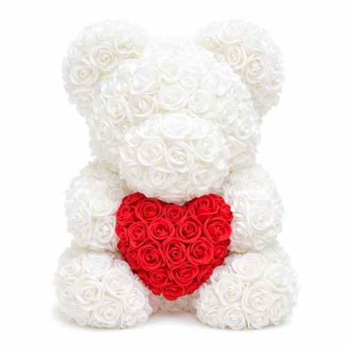 Мишка из роз белый с красным сердцем (40 см)