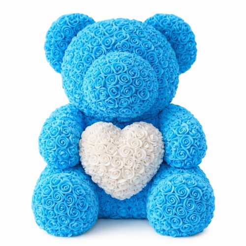 Мишка из роз голубой с белым сердцем (40 см)