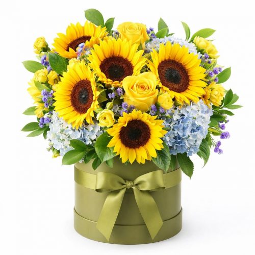 Цветы в шляпной коробке «Солнечный блеск»