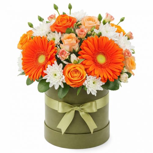 Цветы в шляпной коробке «Оранжевый закат»