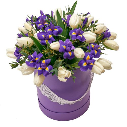 Цветы в шляпной коробке «Ирисовое счастье»