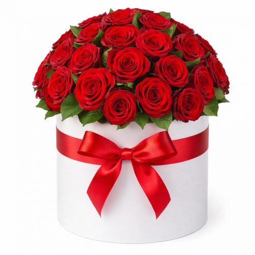 Цветы в шляпной коробке «Алый закат»