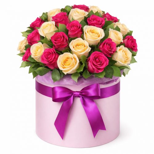 Цветы в шляпной коробке «Персиковый закат»